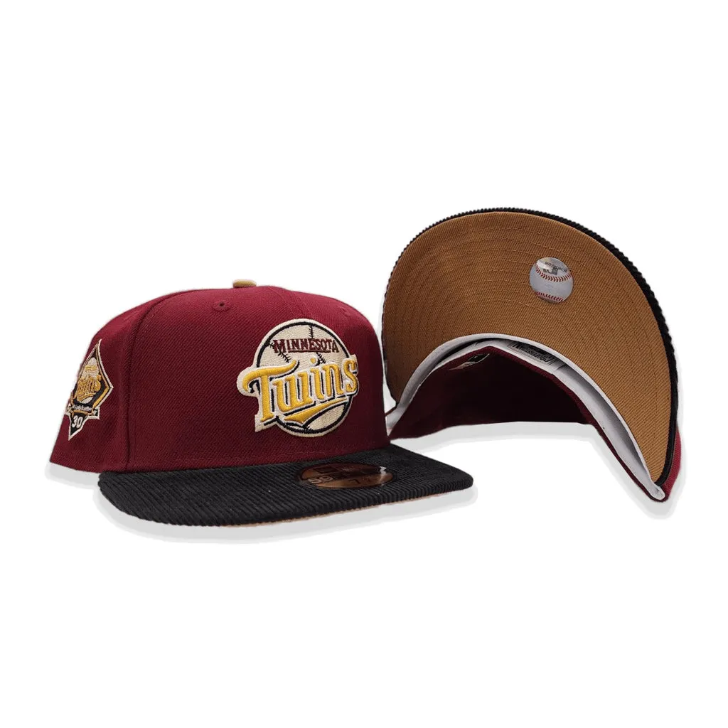 Burgundy Minnesota Twins Black Corduroy Visor Tan Bottom 30th Anniversary Side Patch New Era 59Fifty Fitted