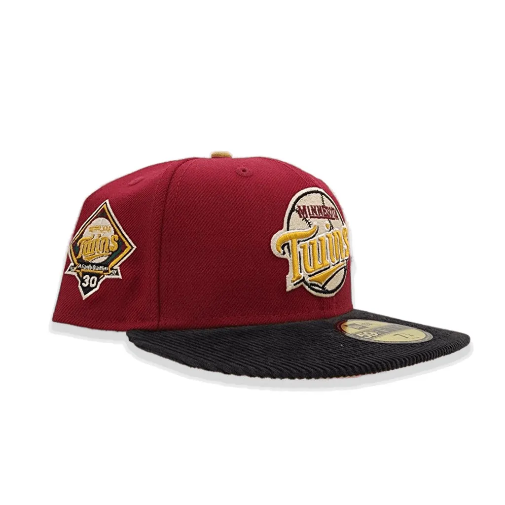 Burgundy Minnesota Twins Black Corduroy Visor Tan Bottom 30th Anniversary Side Patch New Era 59Fifty Fitted