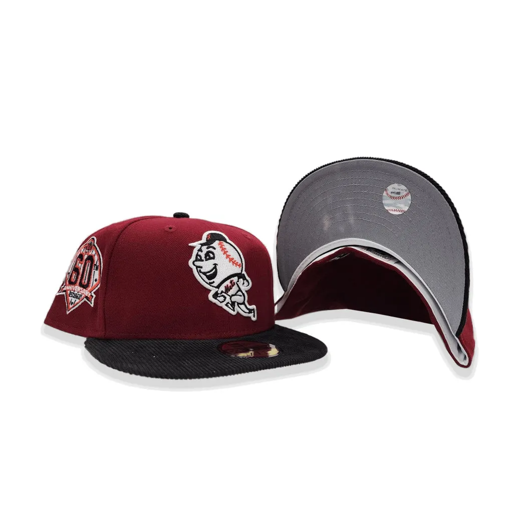 Burgundy New York Mr. Mets Black Corduroy Visor Gray Bottom 60th Anniversary Side Patch New Era 59Fifty Fitted