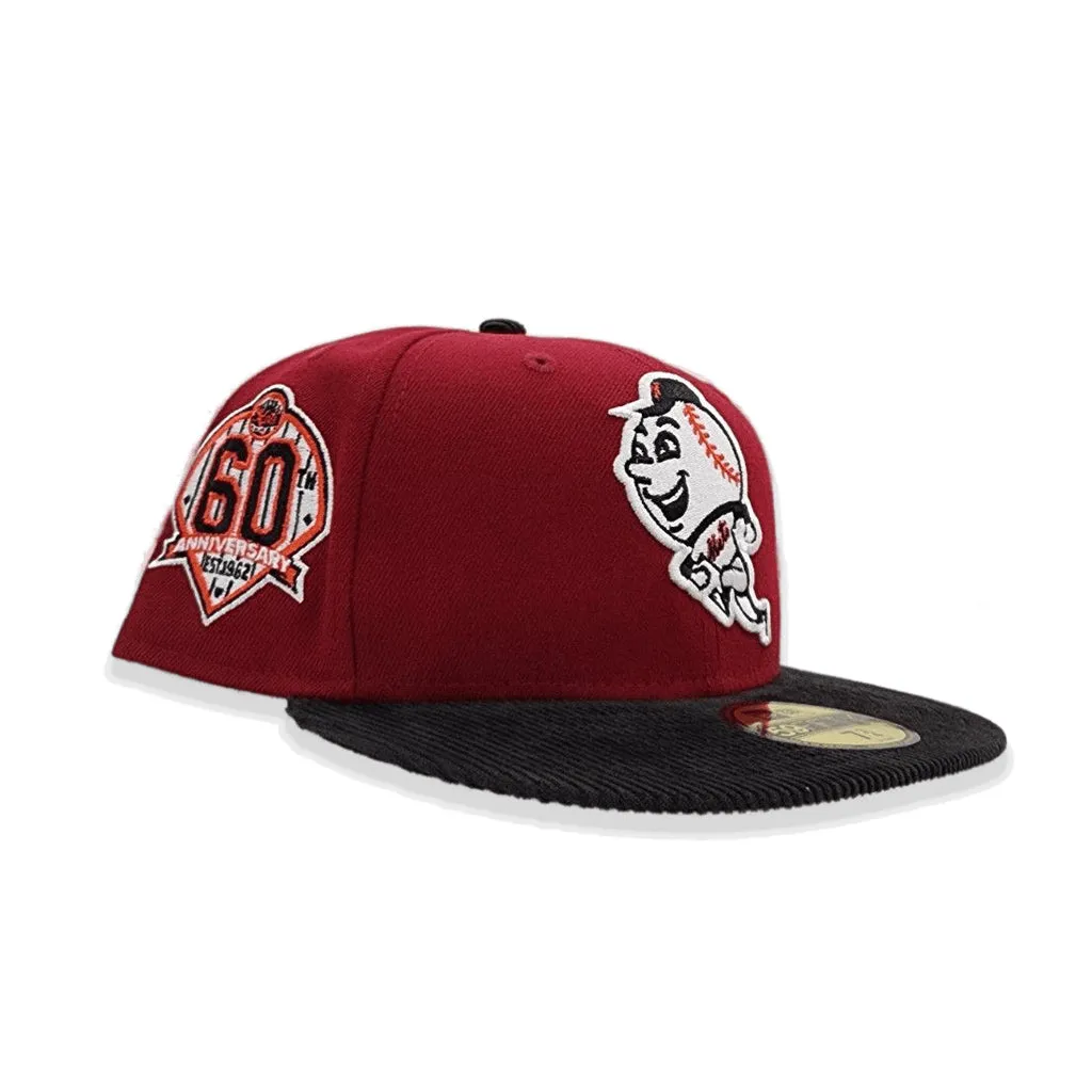 Burgundy New York Mr. Mets Black Corduroy Visor Gray Bottom 60th Anniversary Side Patch New Era 59Fifty Fitted