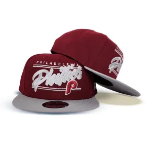 Burgundy Piladelphia Phillies Team Scrip Gray Bottom New Era 9Fifty Snapback