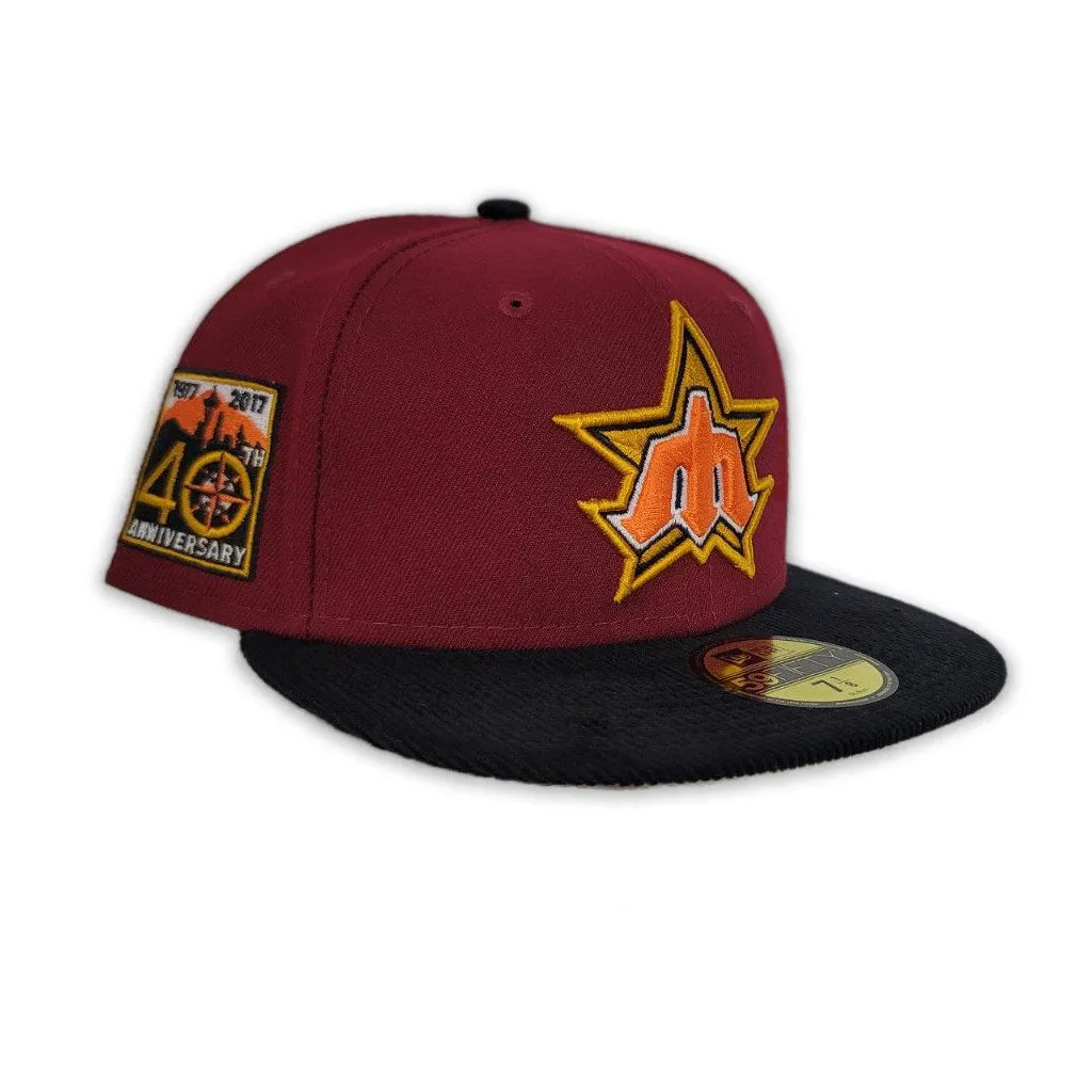 Burgundy Seattle Mariners Black Corduroy visor Tan Bottom 40th Anniversary Side Patch New Era 59Fifty Fitted