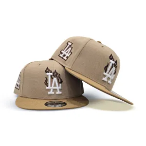 Camel Los Angeles Dodgers Flame Logo Panama Tan Visor Gray Bottom LA Side Patch New Era 9Fifty Snapback