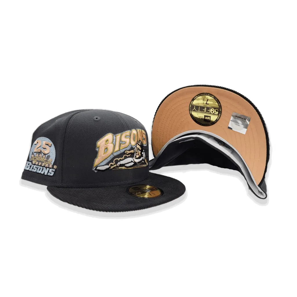 Dark Gray Buffalo Bisons Black Corduroy Visor Peach Bottom 25th Years Side Patch New Era 59Fifty Fitted