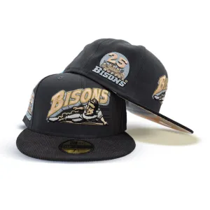 Dark Gray Buffalo Bisons Black Corduroy Visor Peach Bottom 25th Years Side Patch New Era 59Fifty Fitted