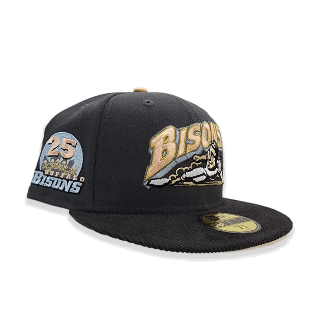 Dark Gray Buffalo Bisons Black Corduroy Visor Peach Bottom 25th Years Side Patch New Era 59Fifty Fitted