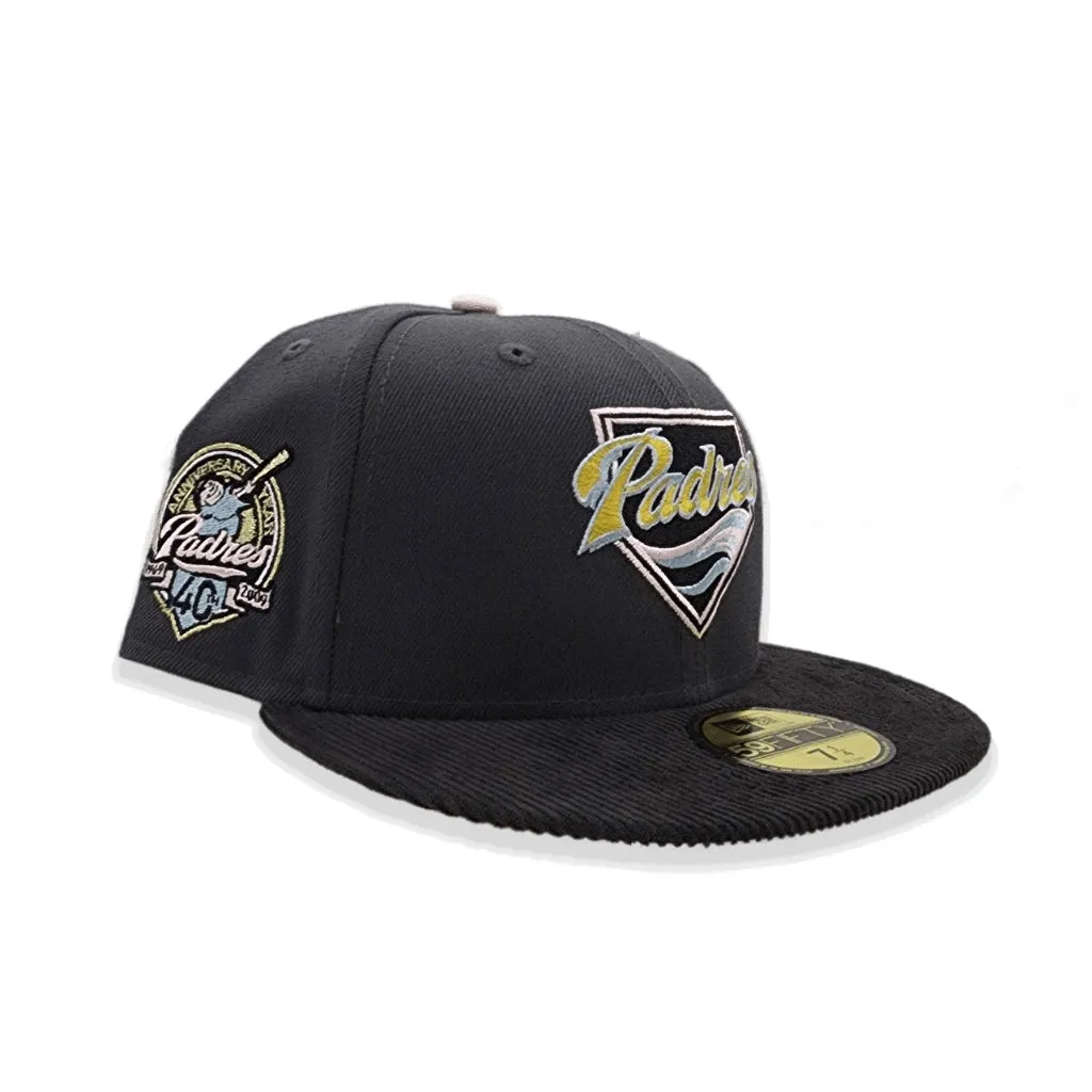 Dark Gray San Diego Padres Black corduroy Visor Pink Bottom 40th Anniversary Side Patch New Era 59Fifty Fitted
