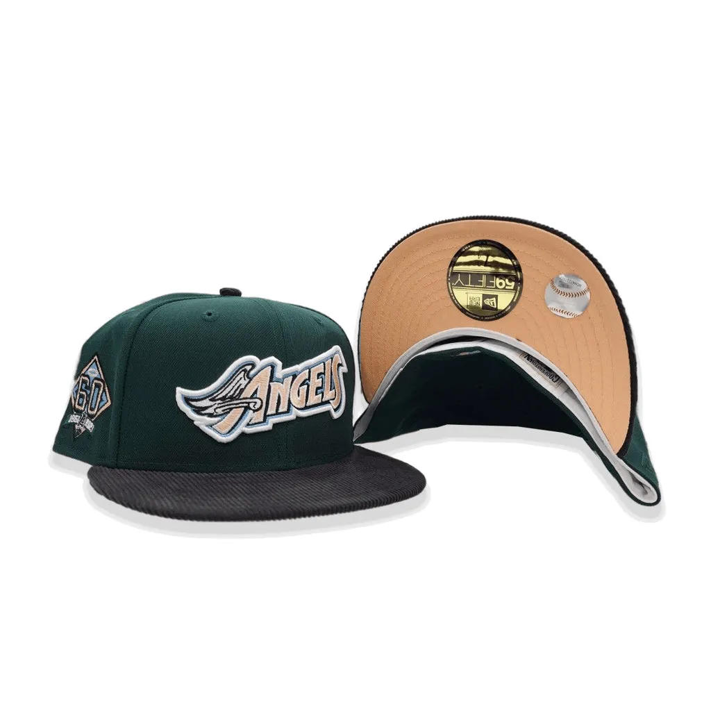Dark Green Los Angeles Angels Black Corduroy Visor Peach Bottom 60th Anniversary Side Patch New Era 59Fifty Fitted
