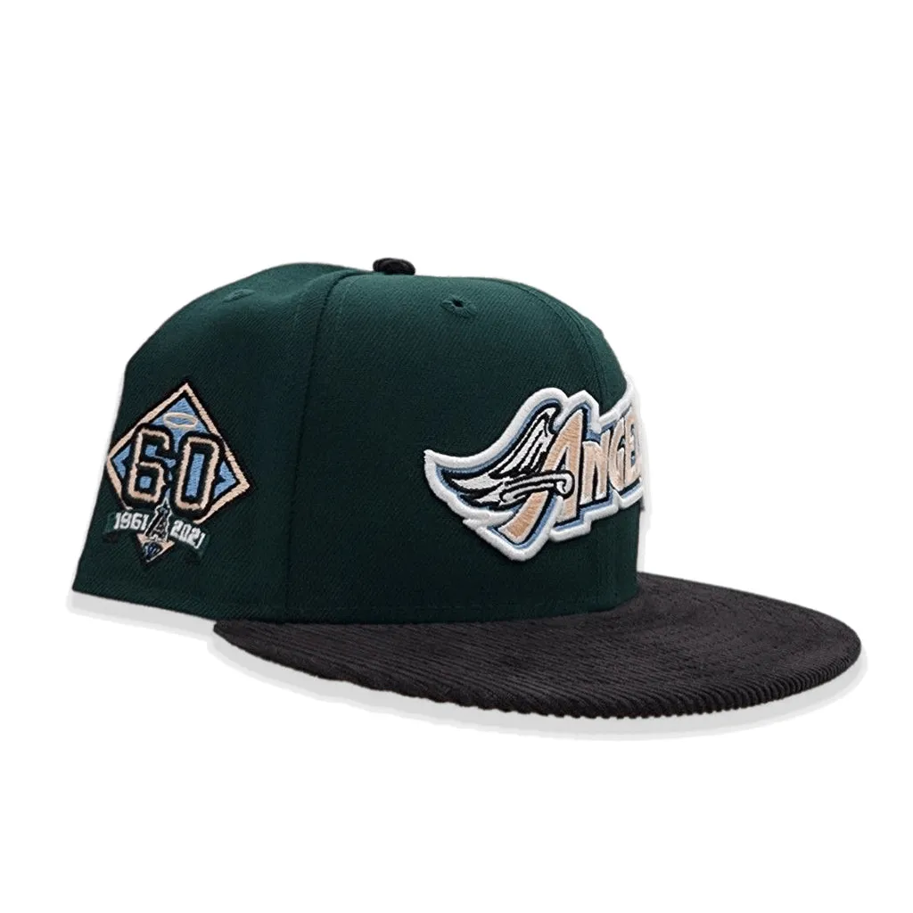 Dark Green Los Angeles Angels Black Corduroy Visor Peach Bottom 60th Anniversary Side Patch New Era 59Fifty Fitted