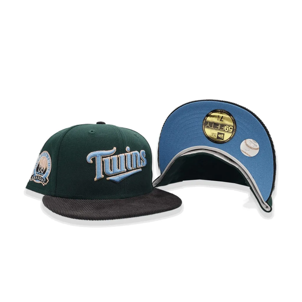 Dark Green Minnesota Twins Black Corduroy Visor Icy Blue Bottom 60th Anniversary Side Patch New Era 59Fifty Fitted