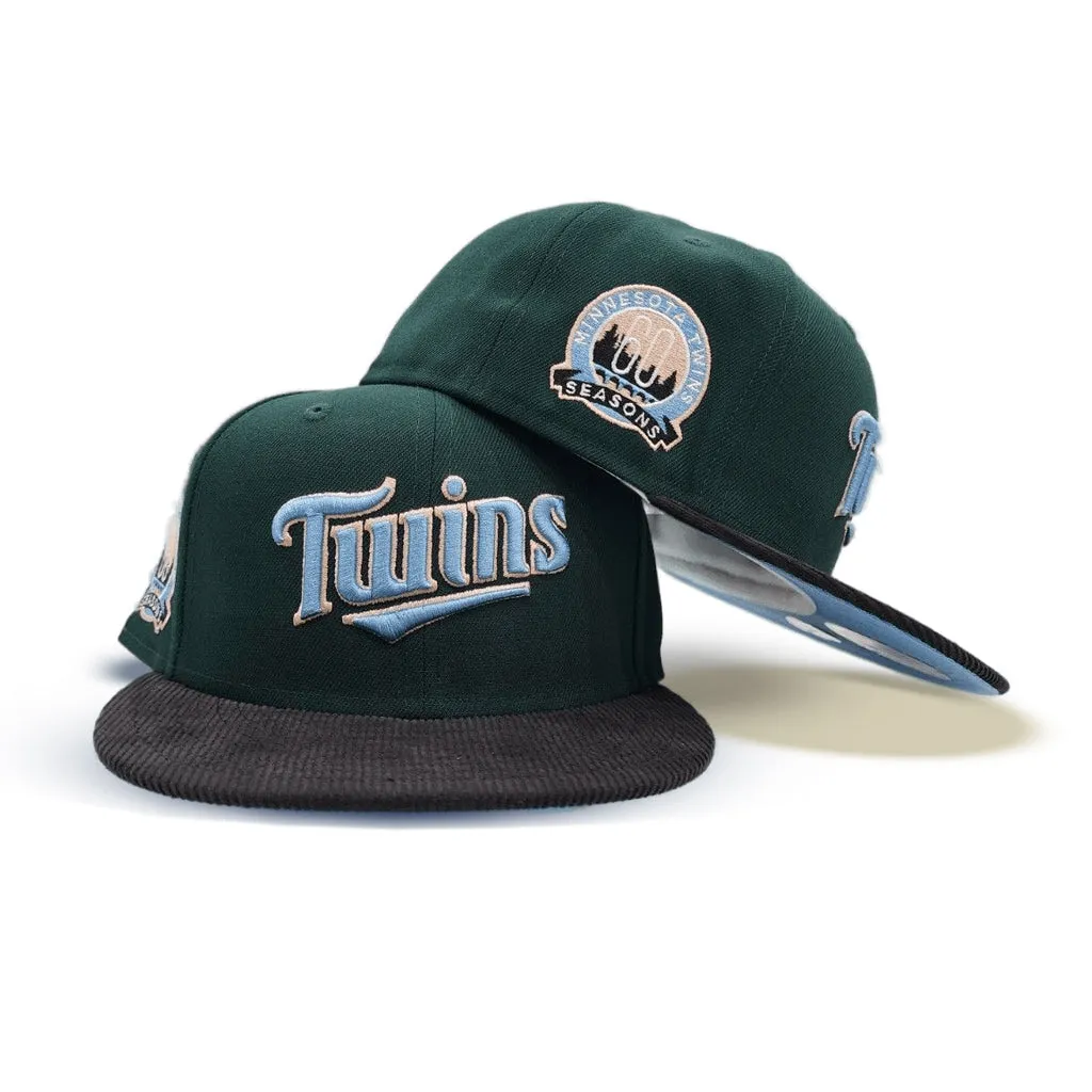 Dark Green Minnesota Twins Black Corduroy Visor Icy Blue Bottom 60th Anniversary Side Patch New Era 59Fifty Fitted