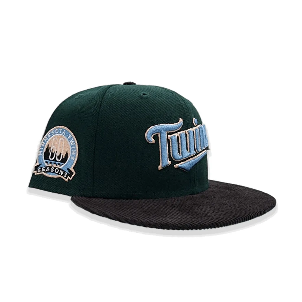 Dark Green Minnesota Twins Black Corduroy Visor Icy Blue Bottom 60th Anniversary Side Patch New Era 59Fifty Fitted
