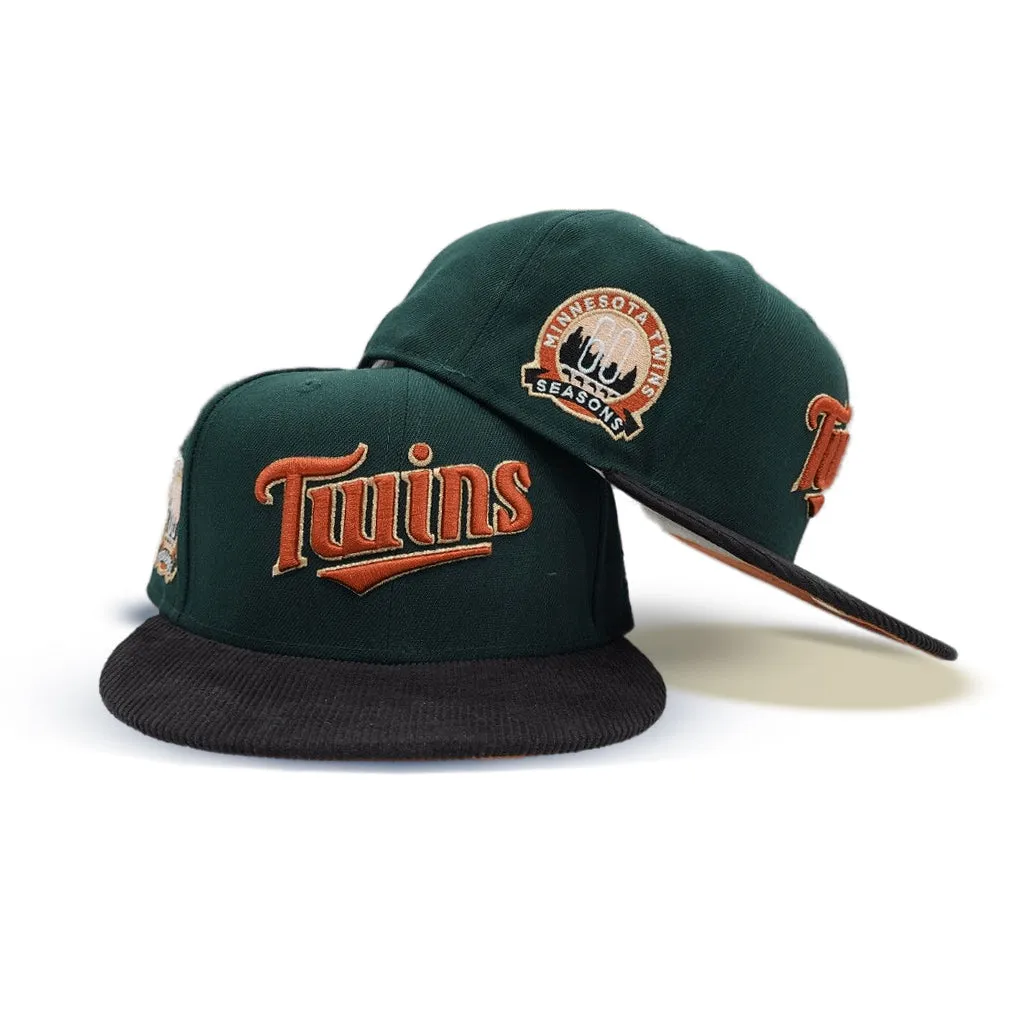 Dark Green Script Minnesota Twins Black Corduroy Visor Rust Bottom 60th Anniversary Side Patch New Era 59Fifty Fitted
