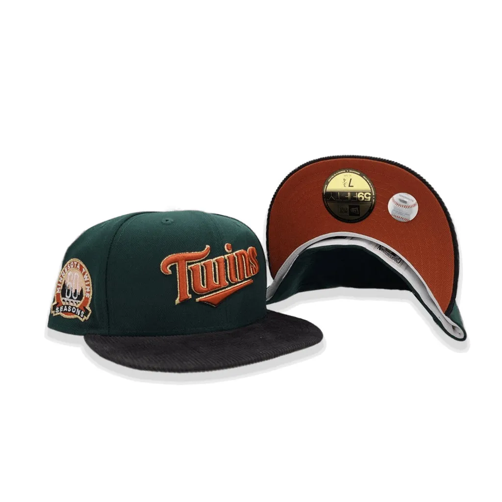 Dark Green Script Minnesota Twins Black Corduroy Visor Rust Bottom 60th Anniversary Side Patch New Era 59Fifty Fitted