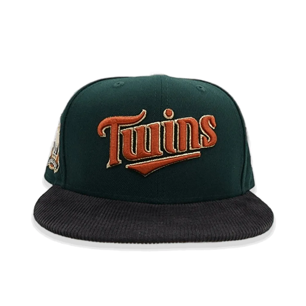Dark Green Script Minnesota Twins Black Corduroy Visor Rust Bottom 60th Anniversary Side Patch New Era 59Fifty Fitted