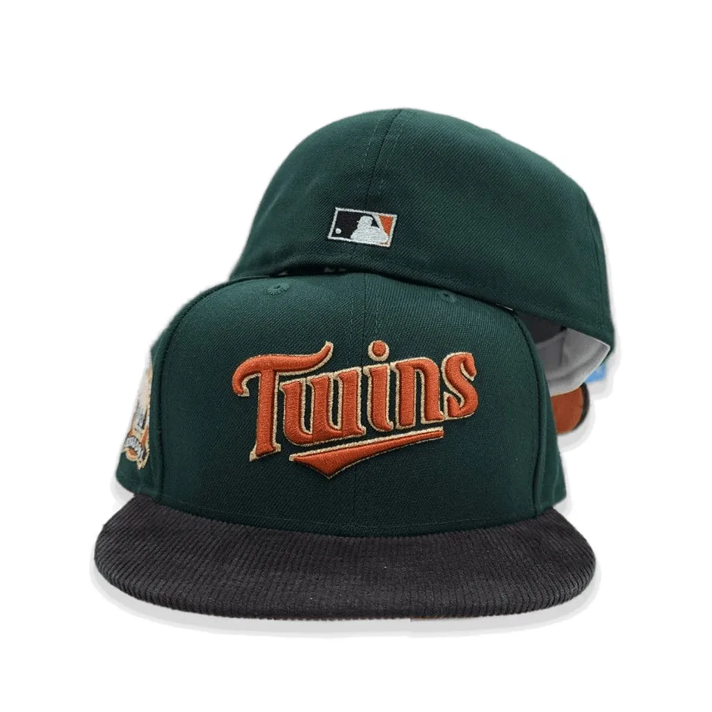 Dark Green Script Minnesota Twins Black Corduroy Visor Rust Bottom 60th Anniversary Side Patch New Era 59Fifty Fitted