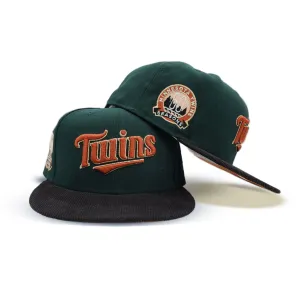 Dark Green Script Minnesota Twins Black Corduroy Visor Rust Bottom 60th Anniversary Side Patch New Era 59Fifty Fitted