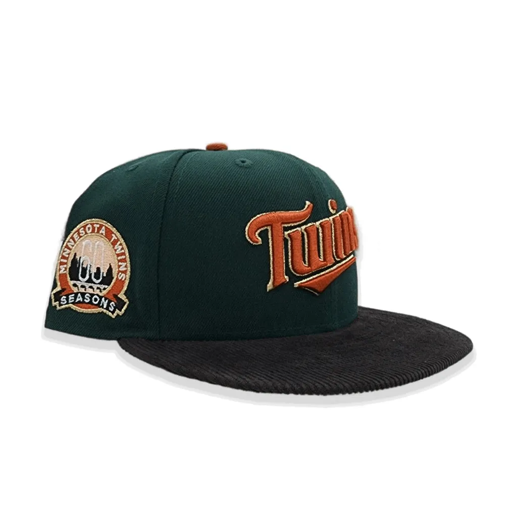 Dark Green Script Minnesota Twins Black Corduroy Visor Rust Bottom 60th Anniversary Side Patch New Era 59Fifty Fitted