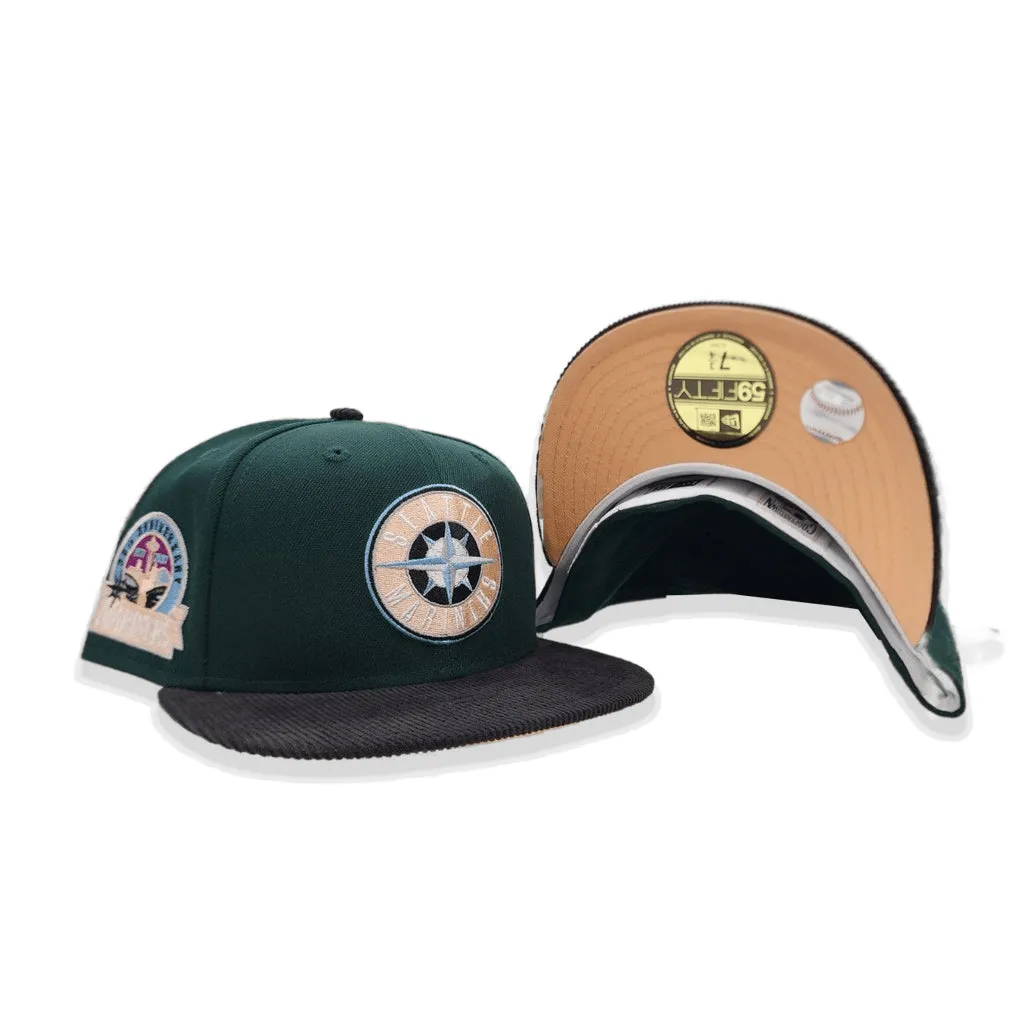 Dark Green Seattle Mariners Black Corduroy Visor Peach Bottom 30th Anniversary Side Patch New Era 59Fifty Fitted