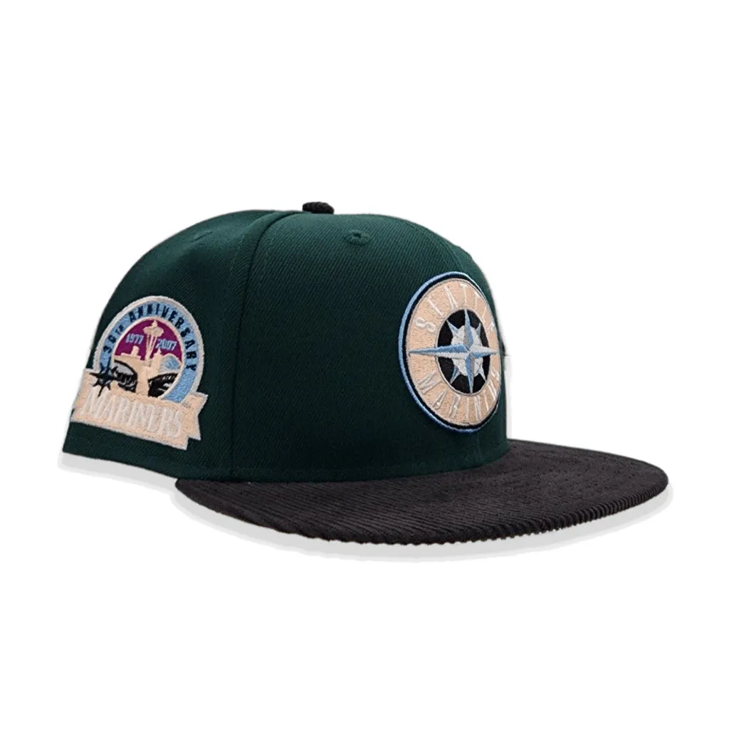Dark Green Seattle Mariners Black Corduroy Visor Peach Bottom 30th Anniversary Side Patch New Era 59Fifty Fitted