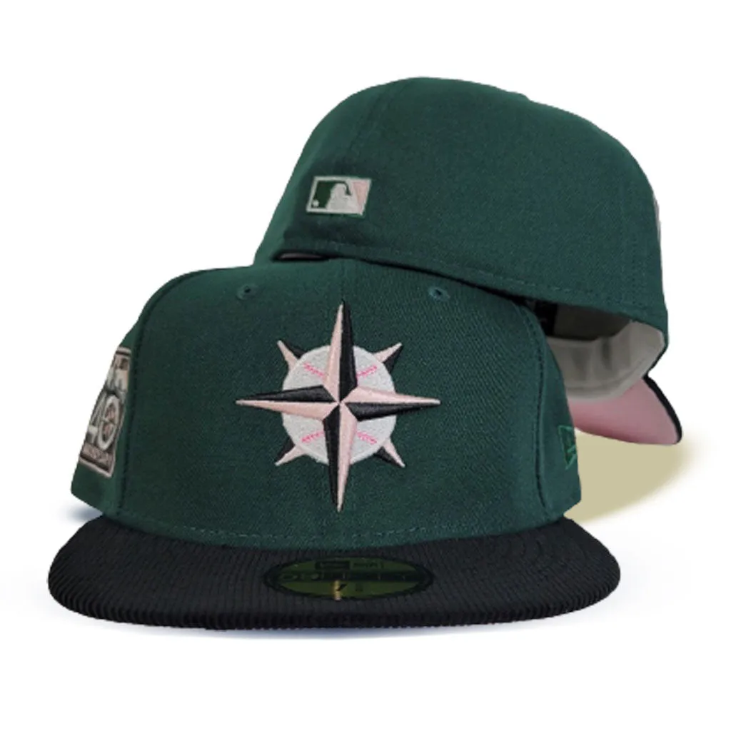 Dark Green Seattle Mariners Black Corduroy Visor Pink Bottom 40th Anniversary Side Patch New Era 59Fifty Fitted