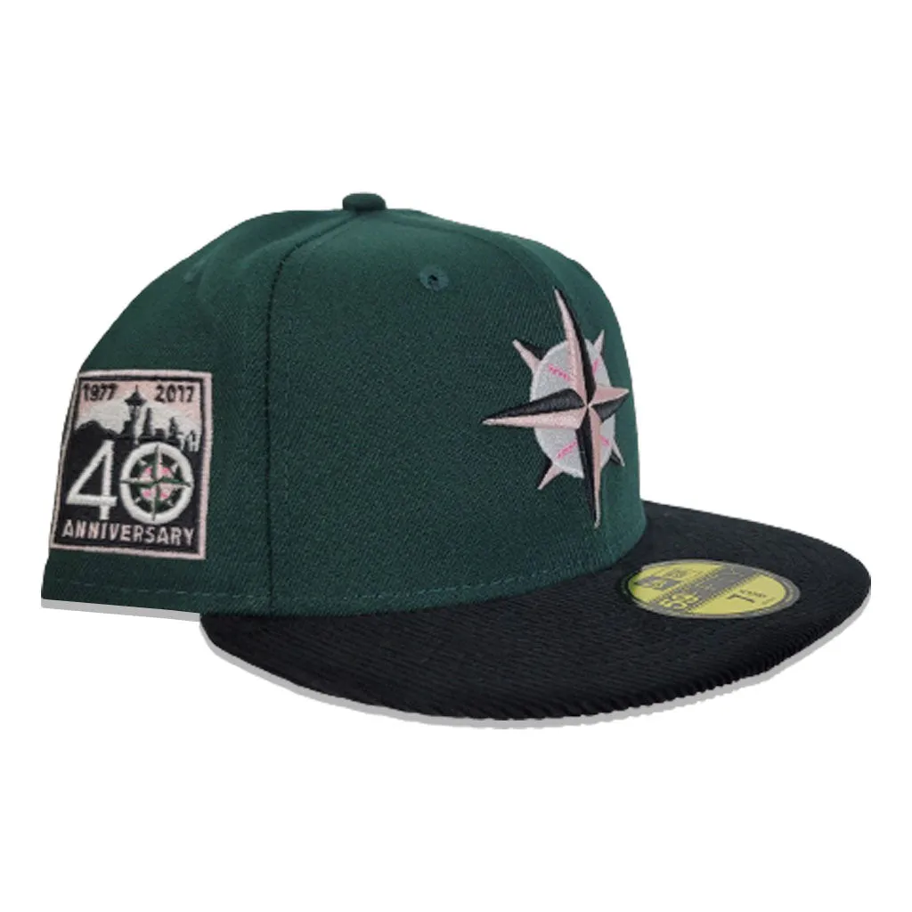 Dark Green Seattle Mariners Black Corduroy Visor Pink Bottom 40th Anniversary Side Patch New Era 59Fifty Fitted