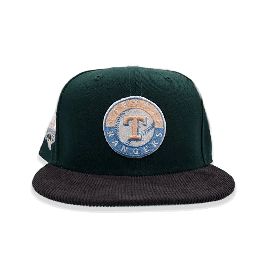 Dark Green Texas Rangers Black Corduroy Visor Icy Blue Bottom 40th Anniversary Side Patch New Era 59Fifty Fitted