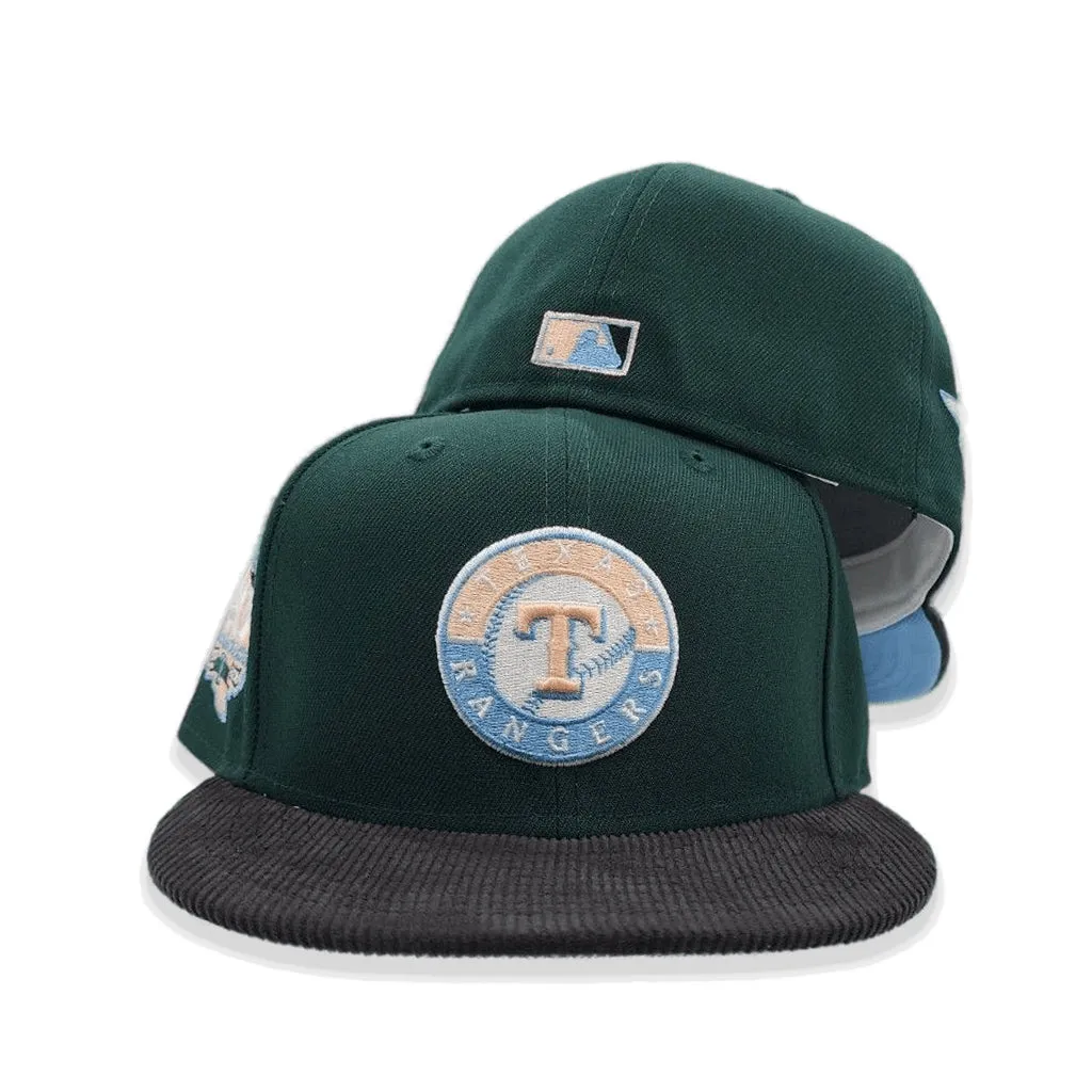 Dark Green Texas Rangers Black Corduroy Visor Icy Blue Bottom 40th Anniversary Side Patch New Era 59Fifty Fitted