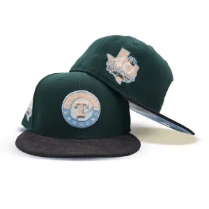 Dark Green Texas Rangers Black Corduroy Visor Icy Blue Bottom 40th Anniversary Side Patch New Era 59Fifty Fitted