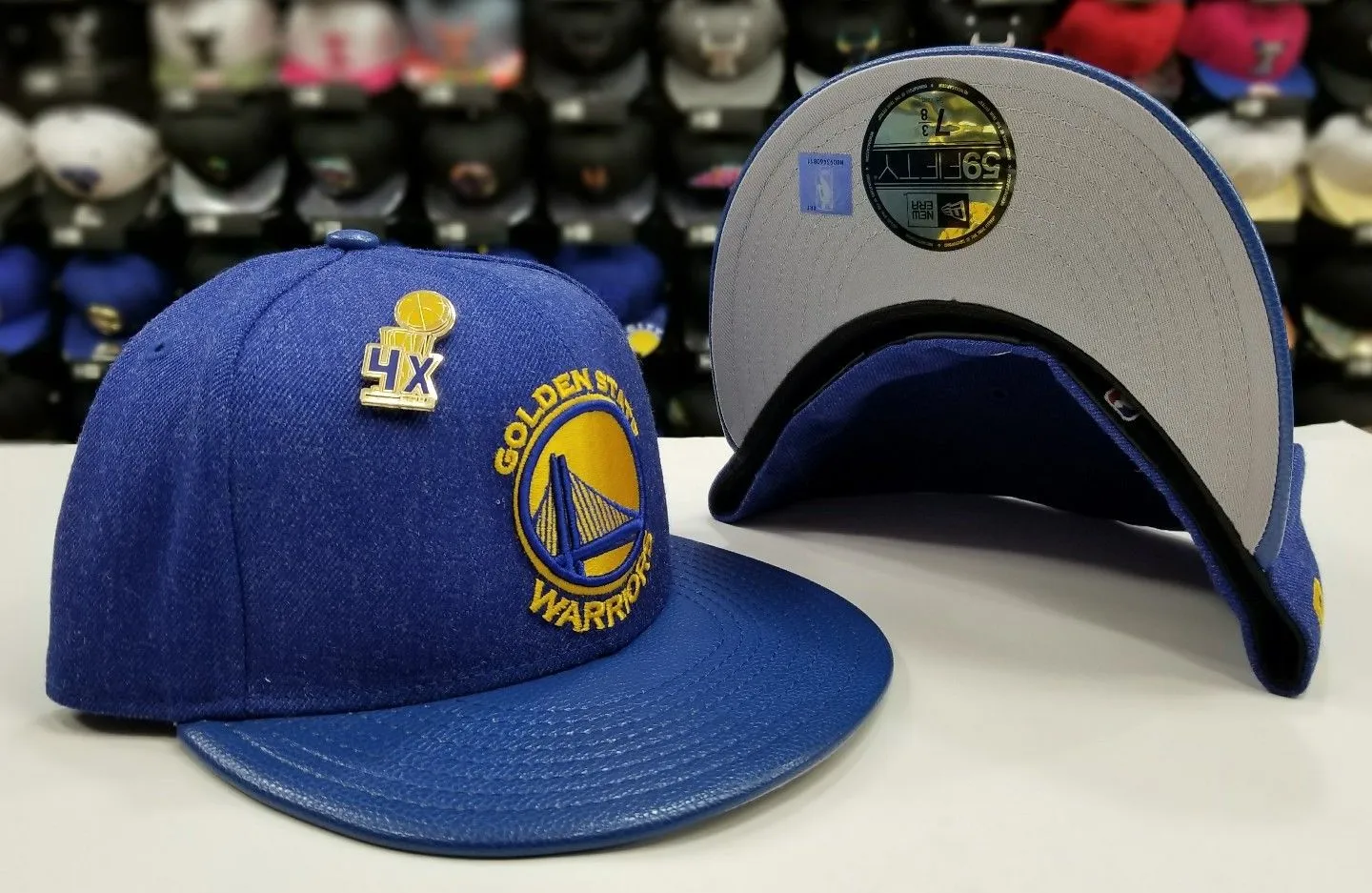 Exclusive New Era NBA 59Fifty Warriors 4X Pin trophy Championship fitted Hat Cap