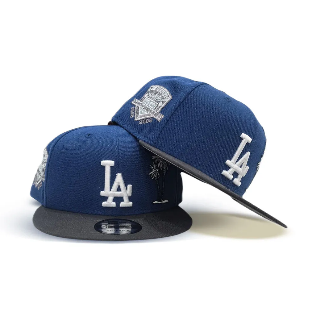 Indigo Blue Los Angeles Dodgers Palm Tree Dark Gray Visor Gray Bottom 50th Anniversary Side Patch New Era 9Fifty Snapback