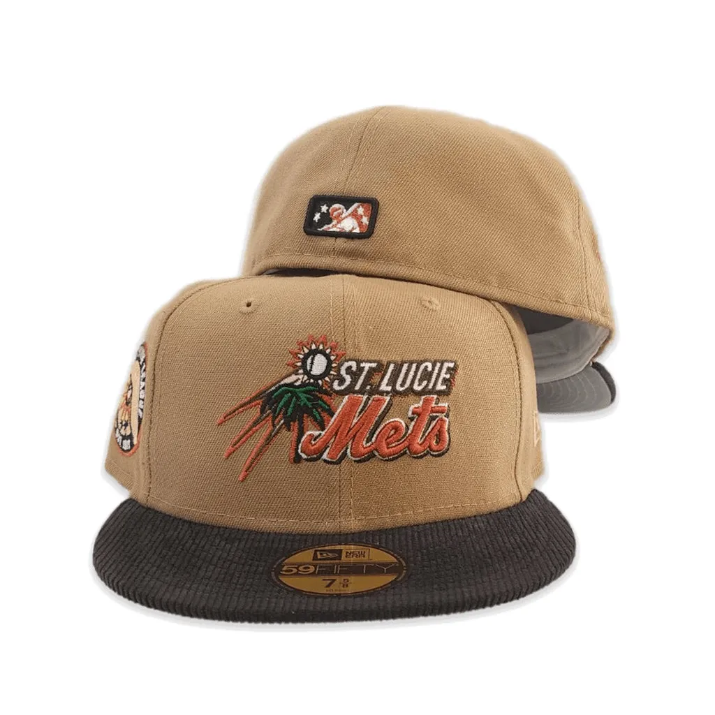 Khaki St. Lucie Mets Black Corduroy Visor Gray Bottom Florida State League Side Patch New Era 59Fifty Fitted