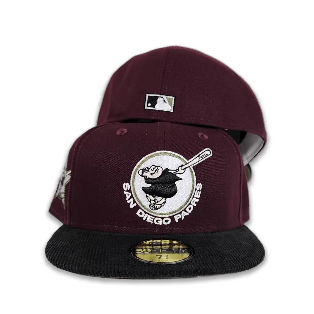 Maroon San Diego Padres Black Corduroy Visor Olive Green Bottom 1978 All Star Game Side Patch New Era 59Fifty Fitted