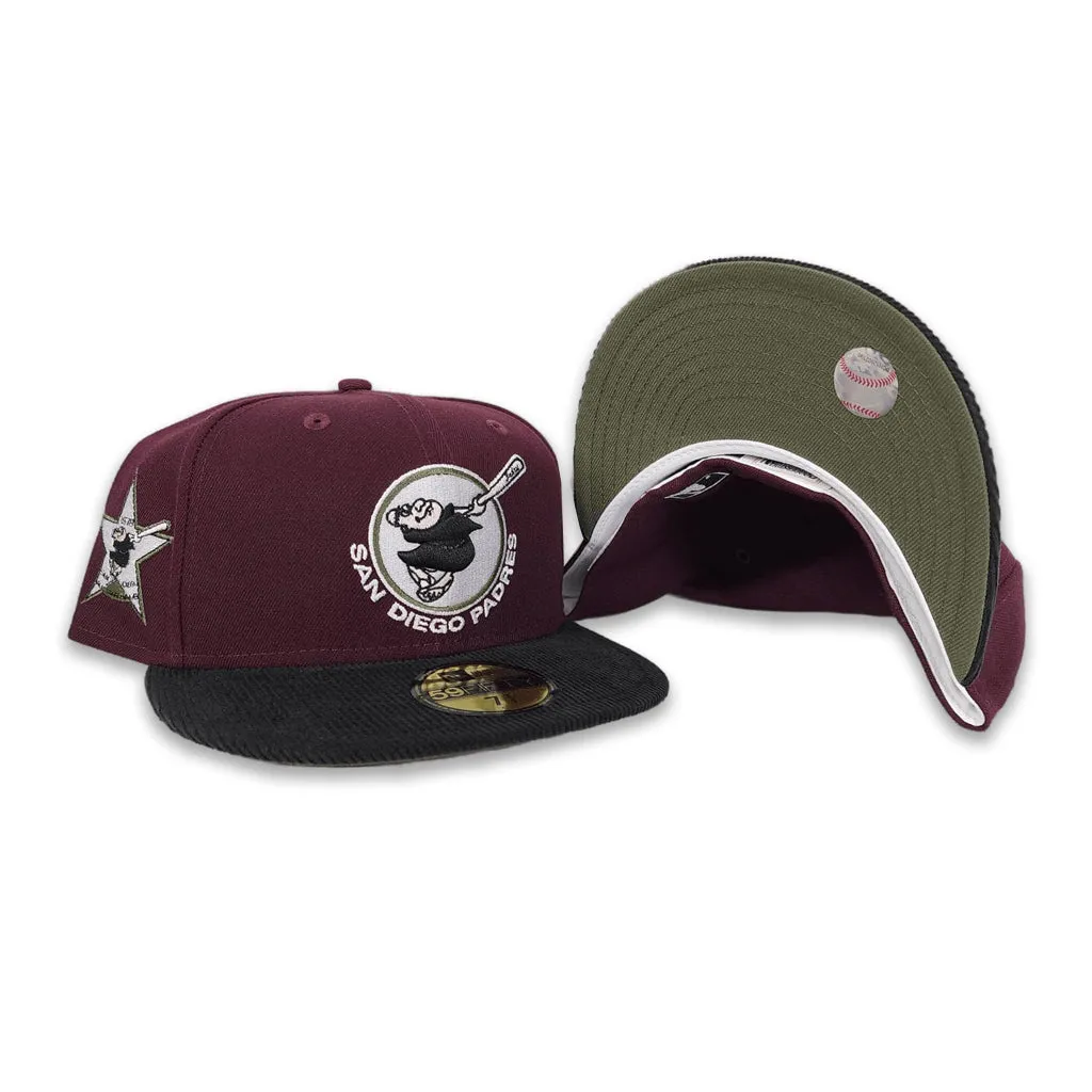 Maroon San Diego Padres Black Corduroy Visor Olive Green Bottom 1978 All Star Game Side Patch New Era 59Fifty Fitted