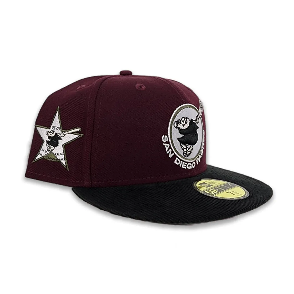 Maroon San Diego Padres Black Corduroy Visor Olive Green Bottom 1978 All Star Game Side Patch New Era 59Fifty Fitted