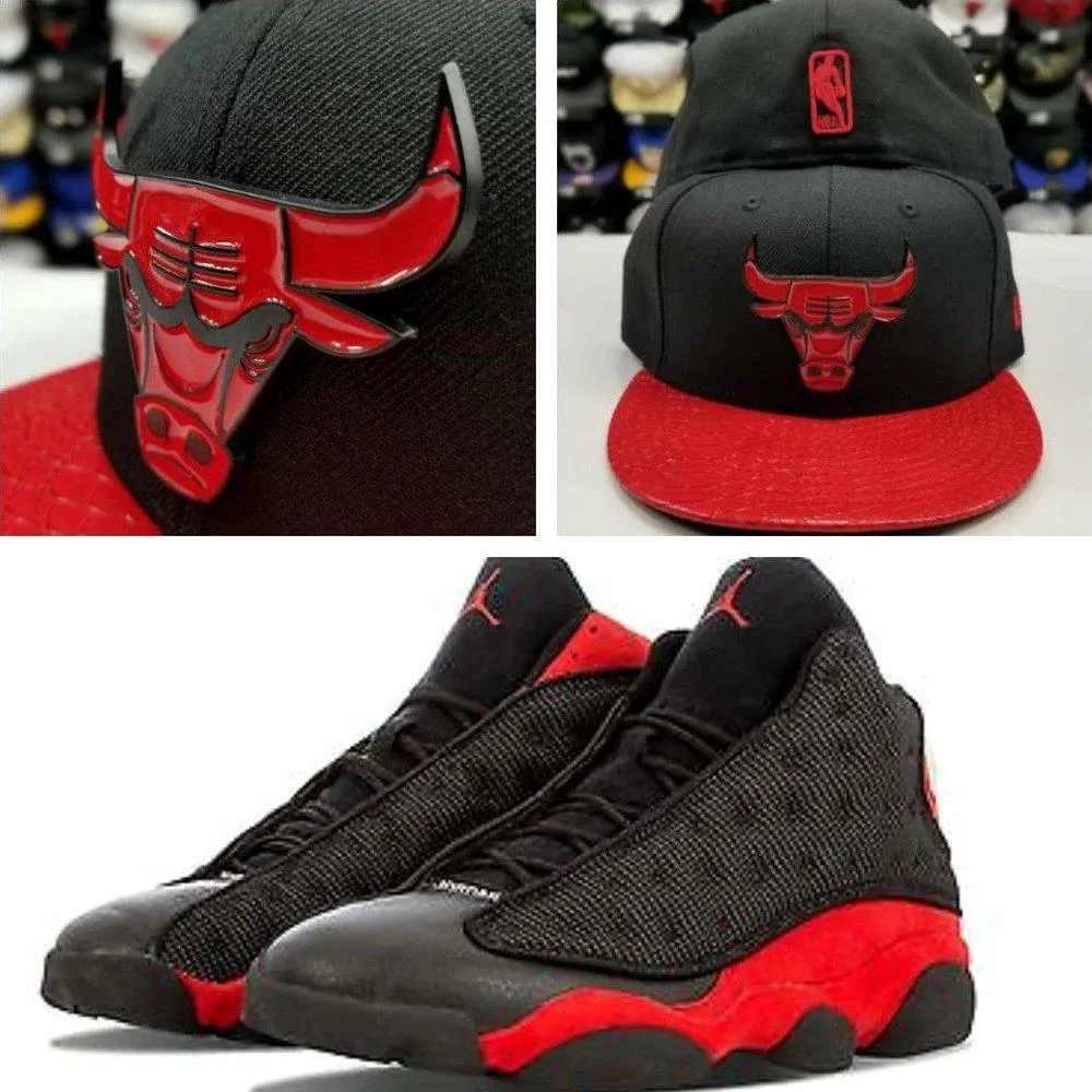 Matching New Era NBA Bulls Metal Logo Fitted Hat For Jordan 13 BRED Black / Red