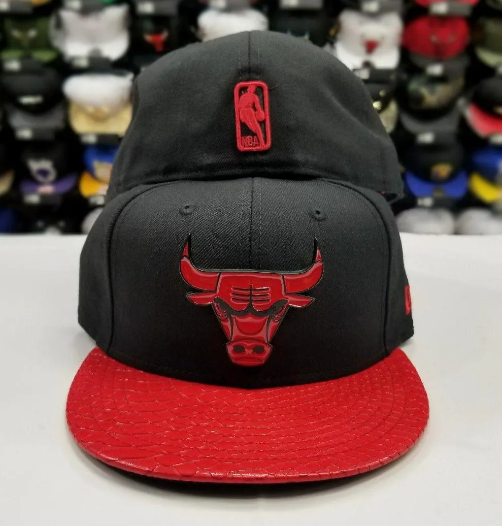 Matching New Era NBA Bulls Metal Logo Fitted Hat For Jordan 13 BRED Black / Red