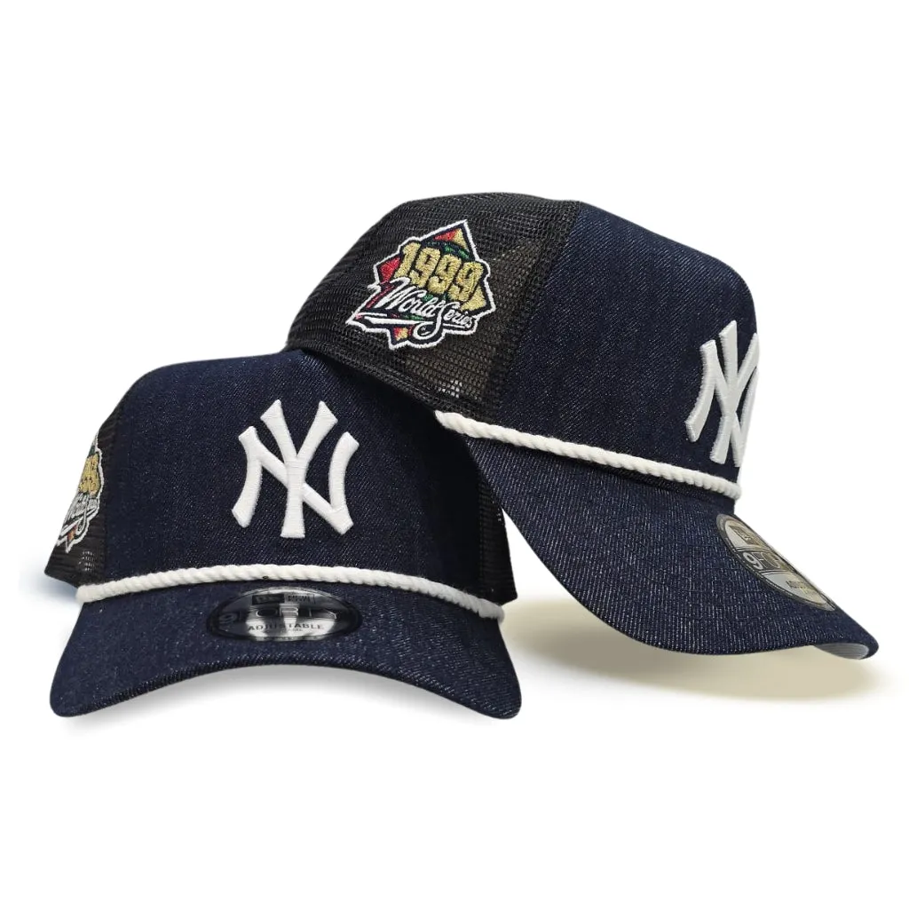 Navy Blue Denim New York Yankees Black Trucker Gray Bottom 1999 World Series Side Patch New Era 9Forty A Frame Curved Brim Snapback