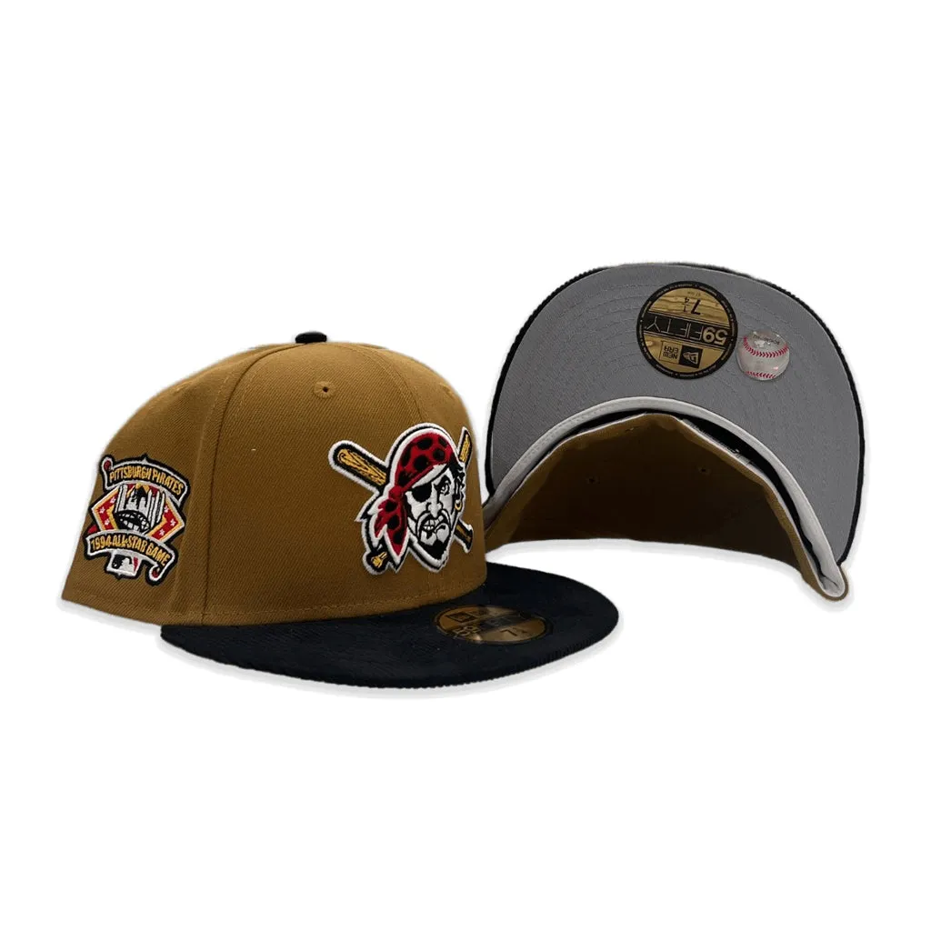 Old Gold Pittsburgh Pirates Black Corduroy Visor Gray Bottom 1994 All Star Game Side Patch New Era 59Fifty Fitted