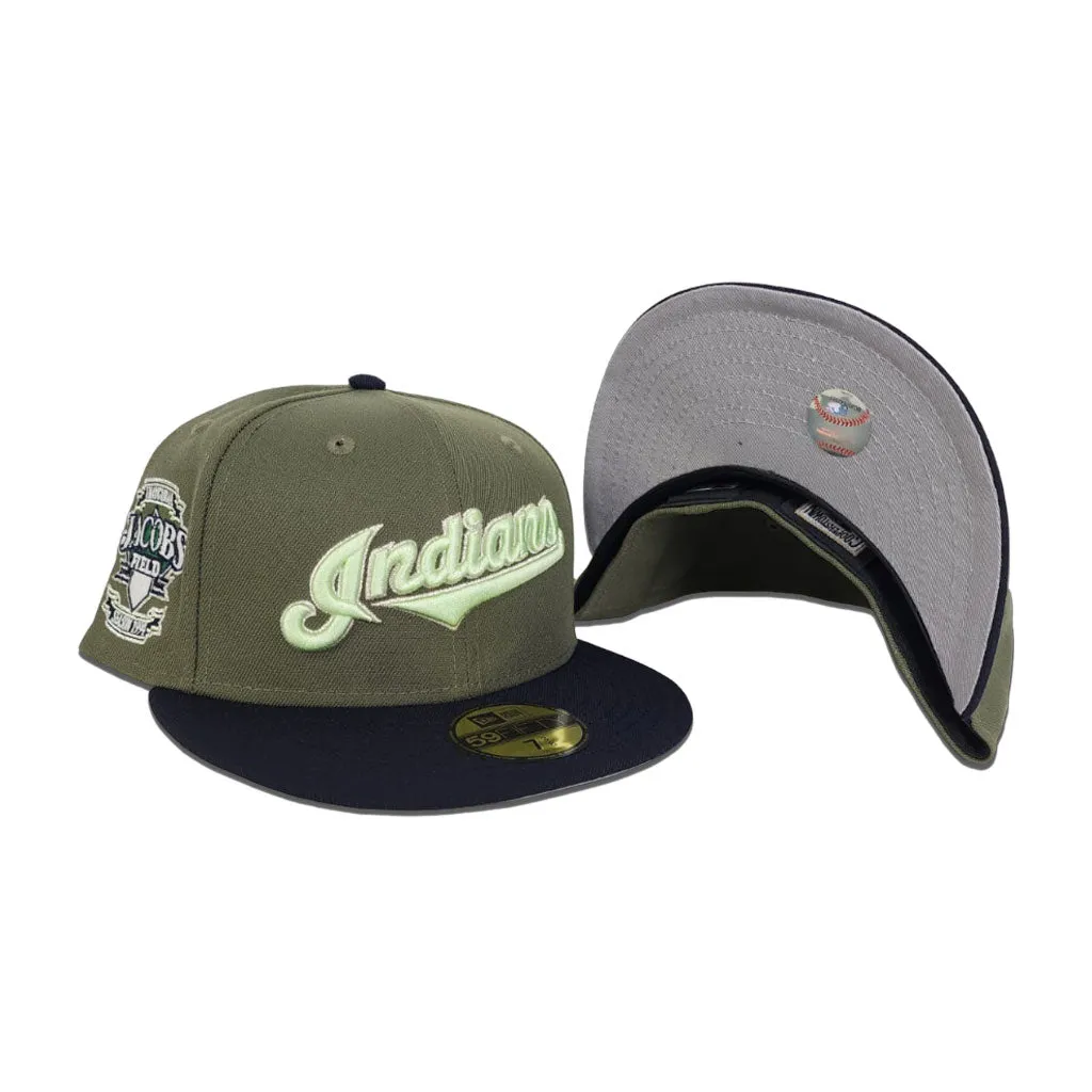 Olive Green Cleveland Indians Navy Blue Visor Gray Bottom Inaugural Season 1994 Jacobs Field Side Patch 59fifty Fitted