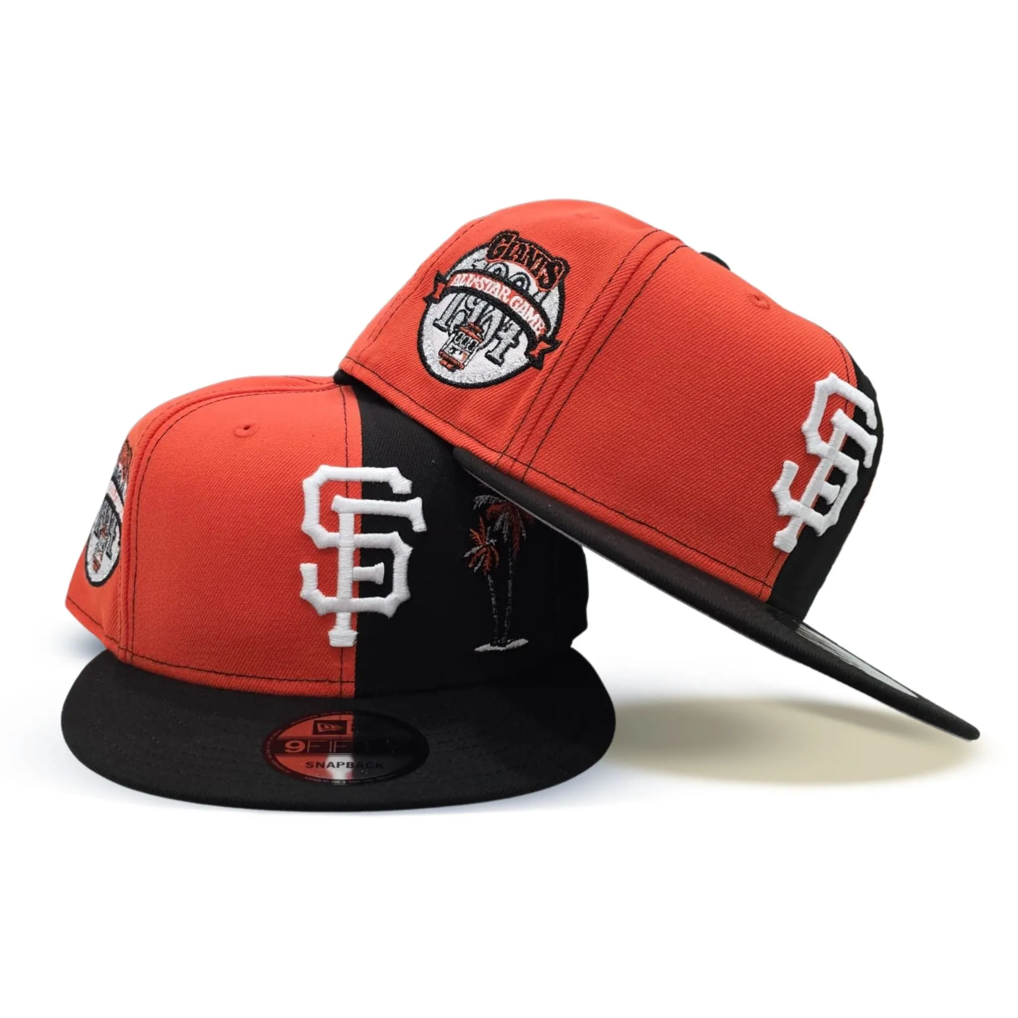 Orange Black Split San Francisco Giants Palm Tree Black Visor Gray Bottom 1984 All Star Game Side Patch New Era 9Fifty Snapback