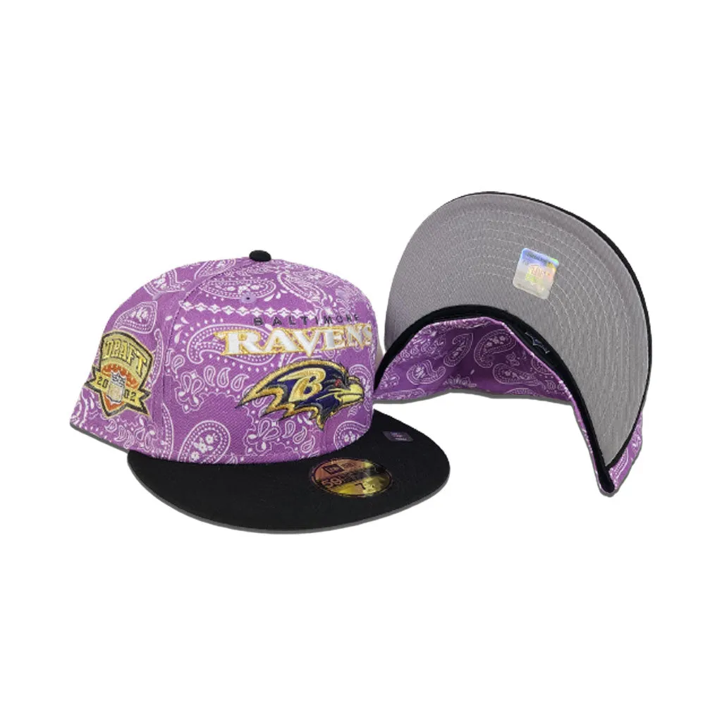 Purple Paisley Baltimore Ravens Black Visor Gray Bottom NFL 2002 Draft Side Patch New Era 59Fifty Fitted
