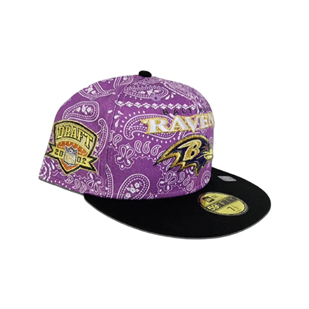 Purple Paisley Baltimore Ravens Black Visor Gray Bottom NFL 2002 Draft Side Patch New Era 59Fifty Fitted