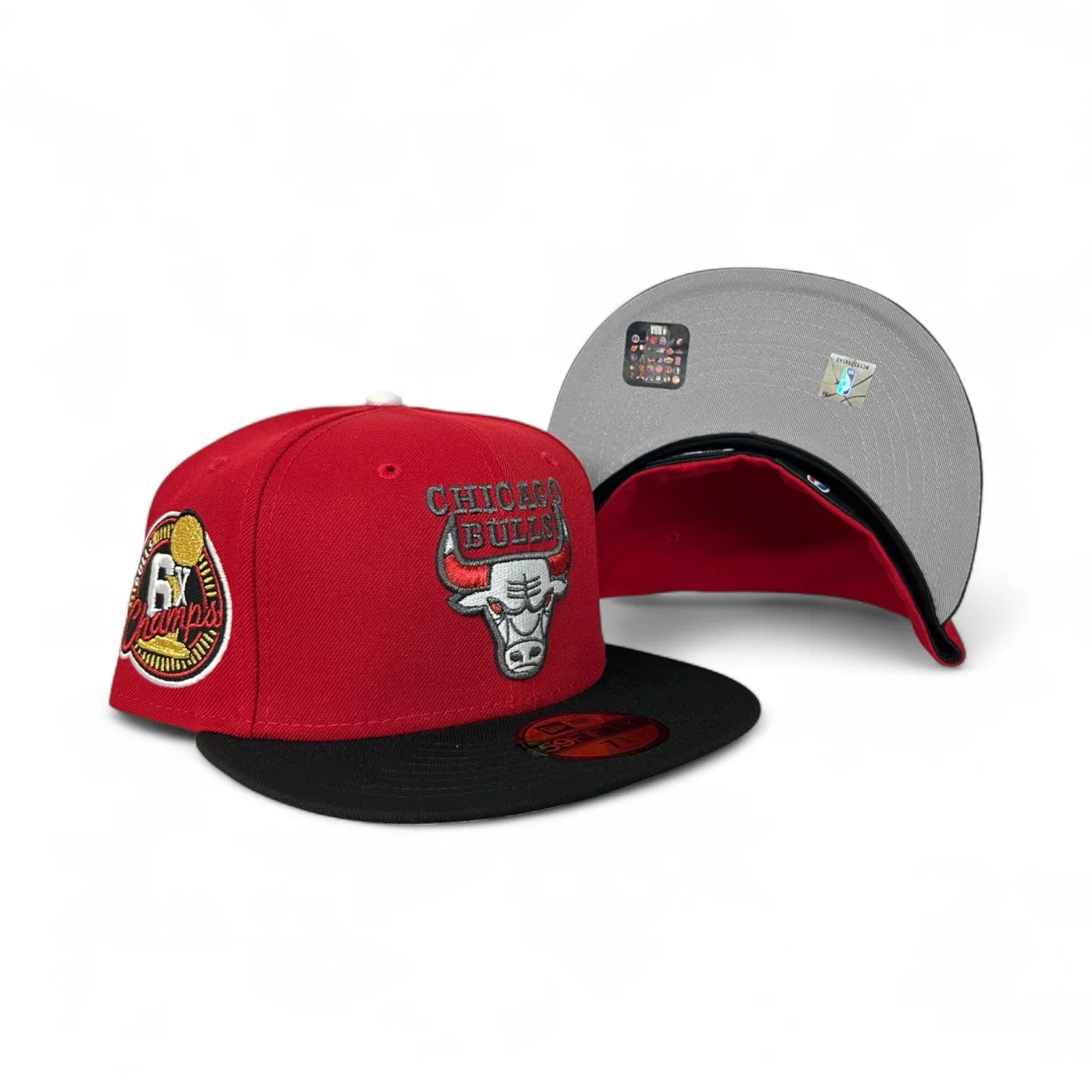 Red Chicago Bulls Black Visor Gray Bottom 6X Champions Side Patch New Era 59Fifty Fitted