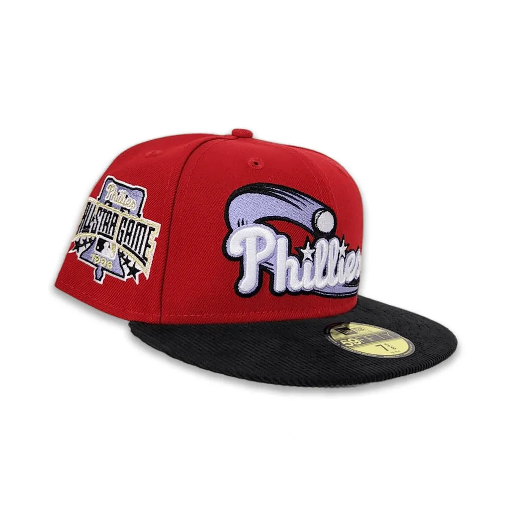 Red Philadelphia Phillies Black Corduroy Visor Lavender Bottom 1996 All Star Game Side Patch New Era 59Fifty Fitted