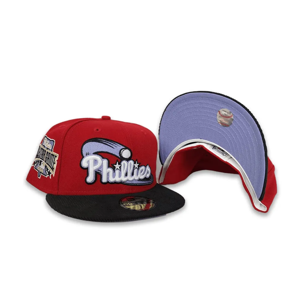 Red Philadelphia Phillies Black Corduroy Visor Lavender Bottom 1996 All Star Game Side Patch New Era 59Fifty Fitted