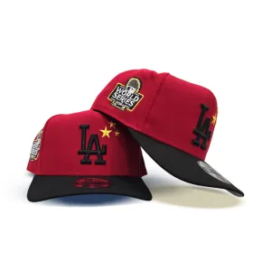 Red Three Stars Los Angeles Dodgers Black Curved Brim Gray Bottom 2024 World Series Side Patch New Era A-Frame 9Fifty Snapback