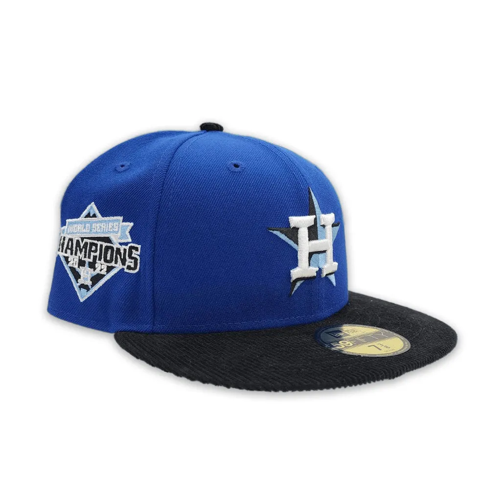 Royal Blue Houston Astros Black Corduroy Visor Icy Blue Bottom 2022 World Series Champions Side Patch New Era 59Fifty Fitted