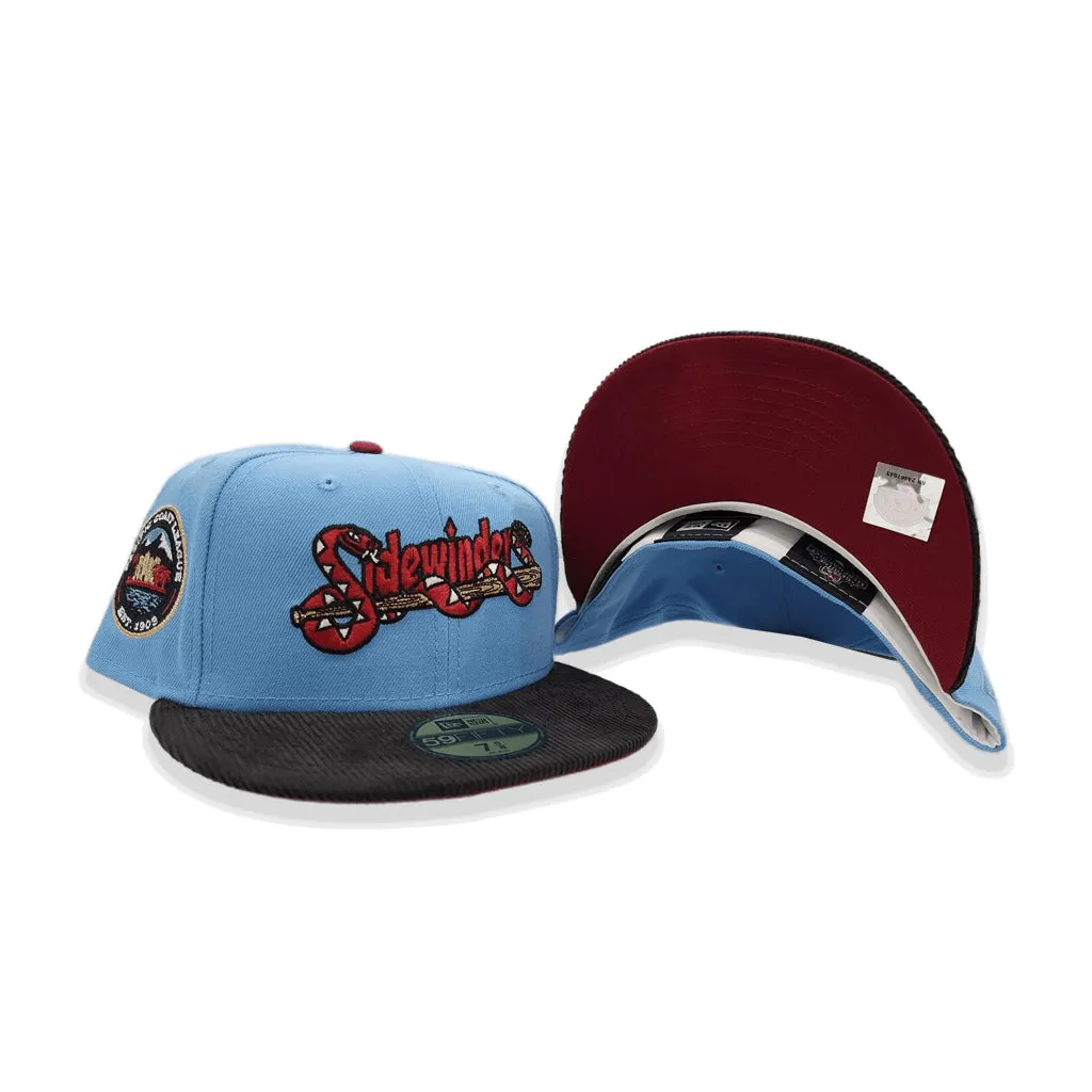 Sky Blue Tuscan Sidewinders Black Corduroy Visor Burgundy Bottom Pacific Coast League Side Patch New Era 59Fifty Fitted