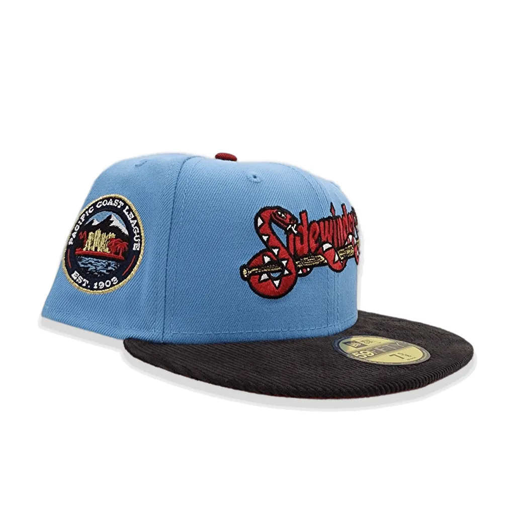 Sky Blue Tuscan Sidewinders Black Corduroy Visor Burgundy Bottom Pacific Coast League Side Patch New Era 59Fifty Fitted